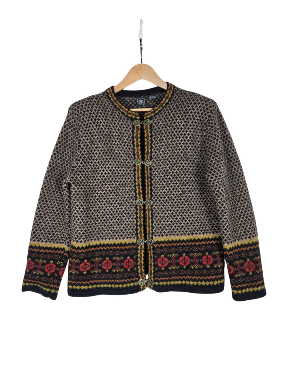 Skyr Nordic-Pattern Knit Blazer/ Jacket with intricately patterned hook closure